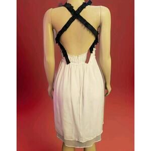 Chelsea Flower Sexy Ivory Black Trim, Pleated women's Dress XS. Zipper back B10